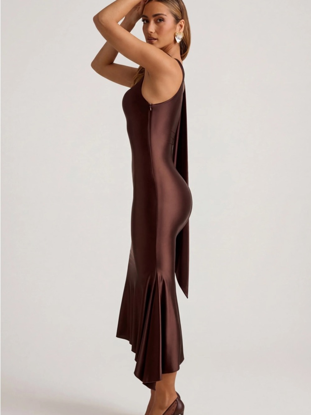 Oh Polly Shaya Asymmetric Scarf-Detail Midaxi Dress in Chocolate Brown - Picture 5 of 6